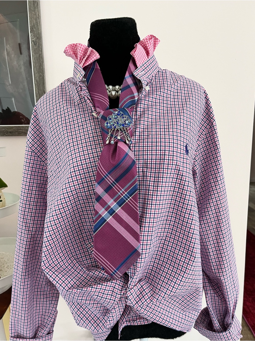 Reworked Ralph Lauren Pink and Blue Gingham Button-Down Ruffle Collar - Picture 8 of 9
